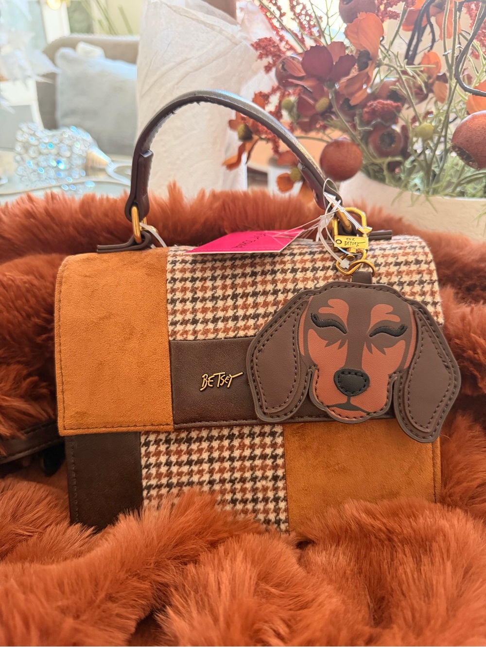 Betsey Johnson Brown & Tan Patchwork Dog Charm Top-Handle Purse